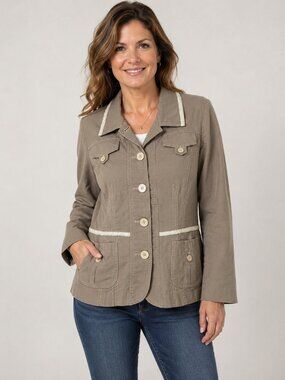 Lana Lee Women’s Safari Utility Jacket Size 12 Taupe Shacket Button Front Casual